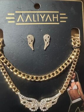 Aaliyah Gold Wing Crystal Necklace & Stud Earring Set